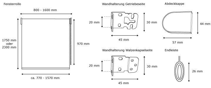 Rollo f&uuml;r Fenster und T&uuml;ren mit Kettenzug - Abmessungen
