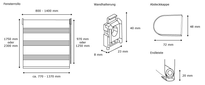 Duo Rollo / Doppelrollo f&uuml;r Fenster und T&uuml;ren mit Kettenzug - Abmessungen